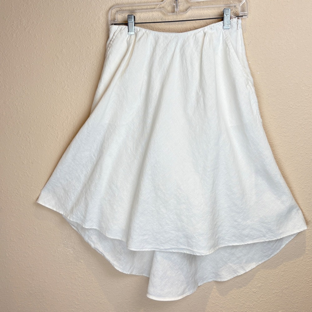 Max Studio Womens XS High Low Linen Skirt White Flared Pockets Gingham Trim